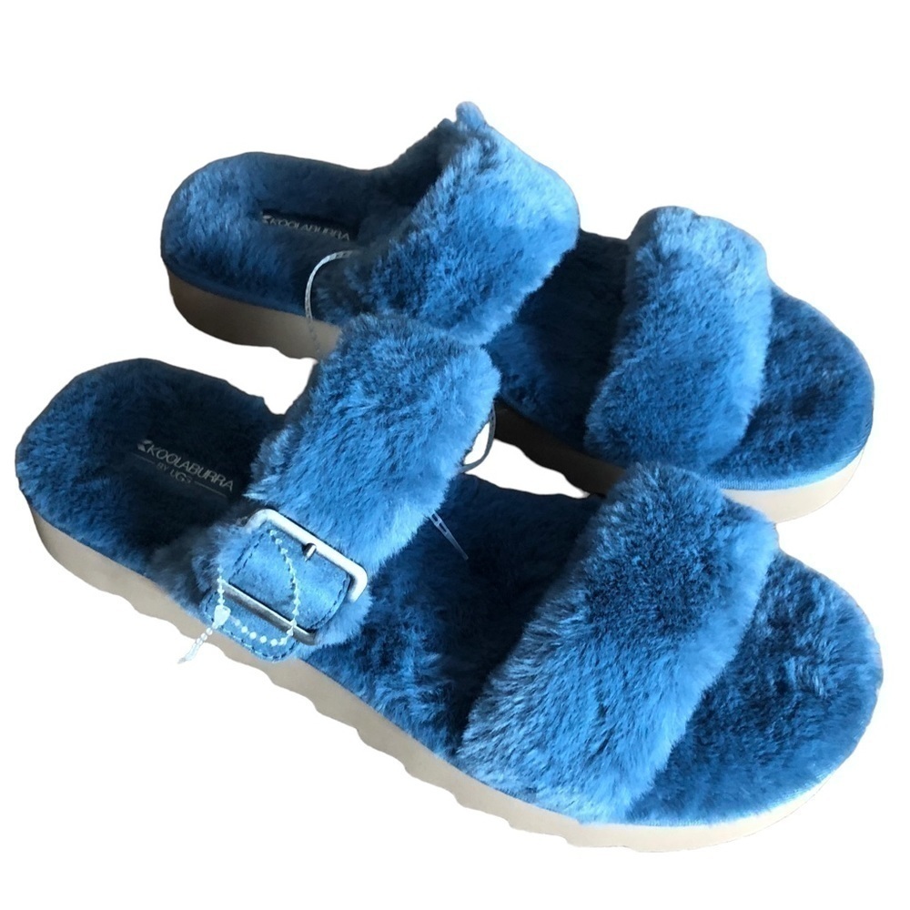 Koolaburra By UGG Double Strap Plush Faux Fur Blue Sandal Slides 11 NWOT